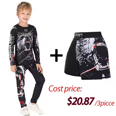 Kids MMA Rashguard BJJ GI T-shirt +Pants Jiu Jusit Tight Trousers Muay Thai Shorts 3Pcs/Set Children