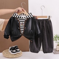 New Autumn Spring Boys Children's Baby Causal leather jacket Coat Hoodies Causal Pants 3pcs/set Kids