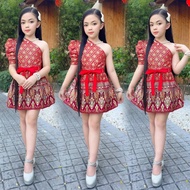 ชุดไทยเด็กสีแดง ชุดไทยเด็กหญิง ชุดไทยประยุกต์เด็ก ชุดไทยเด็กอนุบาล ชุดไทยประยุกต์เสื้อเปิดไหล่แขนพอง + กระโปรงสั้น