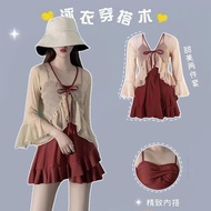翊尚美泳衣女保守显瘦遮肚学生长袖防晒罩衫连体套装夏季平角裙式游泳衣 酒红色【两件套带罩衫】 XL【推荐110-125斤】