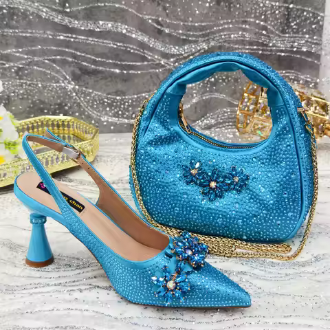 2025 Pointed Toe High Heels Shoes and Bags Set With Rhinestone for Women Wedding Party Elegant Luxur