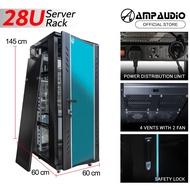 AmpAudio 28U Server Rack 60 cm Deep Cabinet Glass Door with PDU & Free Tray