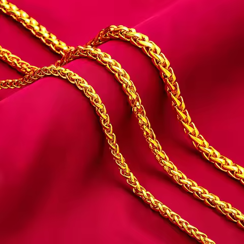 Men Masculine Rope-Style Gold Necklace, 24K Gold AU999 | Filigree rope pattern with jade beads, refi