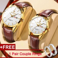 【Free Couple Rings】2Pcs/set BINBOND Fashion Jam Tangan Couple Set  Dual Calendar Waterproof Leather Quartz Luminous Lovers Casual Watches Valentine's Gift