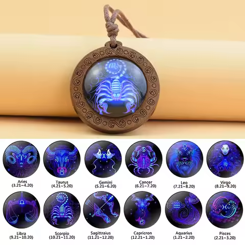 12 Zodiac Signs Rope Chain Necklace Gemini Libra Scorpio Sagittarius Capricorn Necklace Wood Pendant