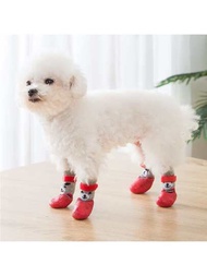 1套4矽膠材料寵物防水防滑耐磨鞋和襪子戶外運動鞋適用於貓和小狗