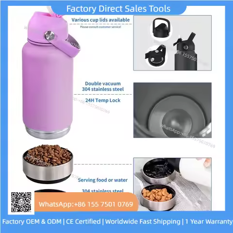 MOQ:25 pc Updated Version 3-In-1 24oz 32oz 64oz Portable Water Bottle Pet Feeder Travel Bowl Insulat
