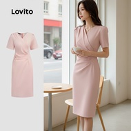 (trendy5)Lovito Women Casual Dress Plain Ruched Summer/Spring Dress L133ED1154 Lovito Pakaian Kasual