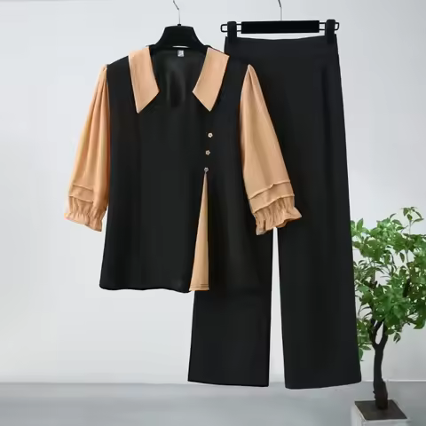 Fashionable 7-quarter Sleeve Contrasting Top Wide-leg Pants Two-piece Set Fashion Suit for Women 202