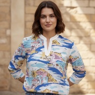 AT Juv เสื้อคอเจาะ อก 44 ยาว 24 เสื้อแขน 3 ส่วน เสื้อผ้าลินิน แท้ 100% เส้นใยธรรมชาติ พิมพ์ลาย แบรนด