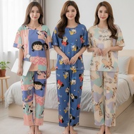 👚Mui Mui👚 【READY STOCK】Women Pyjamas Cartoon Short Shirt & Long Pant Size M-2XL Nightwear