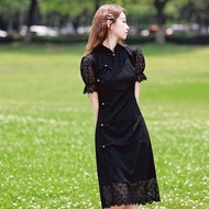 Chinese Cheongsam Girl's Mid-Length Lace Black Cheongsam Long Dress