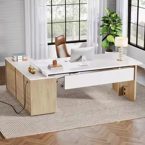 74.8 Inch Executive Desk, Large Office Desk with Cabinet, L Shaped Computer Desk with Shelves and CP