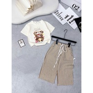 (TM1258) Set bộ bé gái Set áo cotton ngắn tay BB3 quần dài sọc kẻ cho bé gái