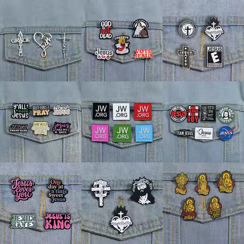 Jesus JW.ORG Set Enamel Pins Custom Cross Of Thorns Purple Daisy Brooches Lapel Badges Jewelry Gift 