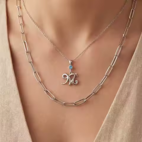 Custom Initial Necklace 26 Letters January to June Birthstone Pendant White Gold Dainty Name Necklac
