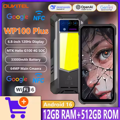 OUKITEL WP100 Plus Rugged Phone MediaTeK Helio G100 4G 12GB+512GB Camping Light 6.8”120Hz Display 64
