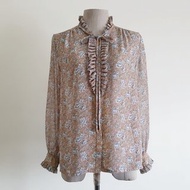 復古棕色碎花雪紡襯衫 女款長袖荷葉領上衣 M號