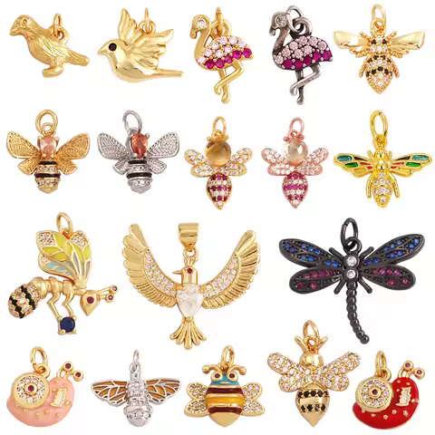 Cute Snail Ostrich Flamingo Bird Bee Dragonfly Insect Charm Pendant,Fashion 18K Gold Zircon Craft Je
