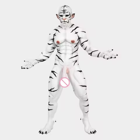 Smitizen Silicone White Tiger Muscle Petsuit Set Full Suit with Tiger Mask and Gloves and Paw Shoes