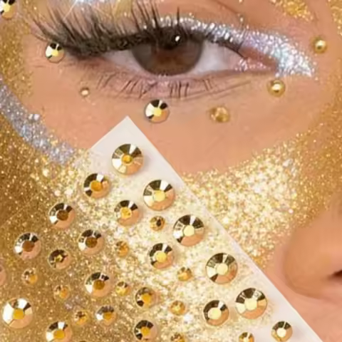 1sheets Golden Face Jewels Tattoo Stickers Y2K 3D Rhinestones Multi-Size Glittering Fake Diamonds Fa