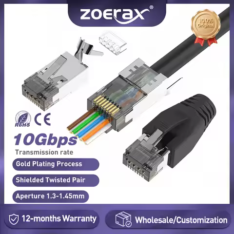 ZoeRax CAT6A CAT7 Connector, RJ45 Connectors Pass Through CAT6A CAT7 Shielded, 3-Prong with Strain R