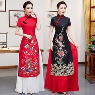 Cheongsam Blouse Cheongsam Top Plus-Sized Size Red, Long Slimming Vietnam Ao Dai Cheongsam Dress Fashion Mom Wear Cheongsam Summer