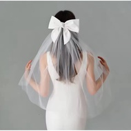 Elegant White Long Veil & Ribbon Hair Clip