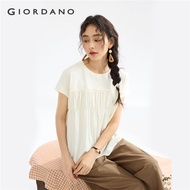 GIORDANO Women T-Shirts Ruffle Trim Gathered Tee Crewneck Cap Sleeve Young Gentle Simple Fashion Cas