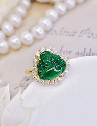 福利價|招財大肚佛|A貨翡翠老坑冰玻綠佛公12mm純銀豪鑲戒指