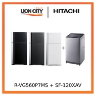 Hitachi R-VG560P7MS - GBK/GPW/GGR 450L Top Freezer Fridge + Hitachi SF-120XAV 12kg Top Load with Glass Top Washing Machi