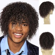 GNIMEGIL Synthetic Short Brown Wig for Men Afro Messy Perm Curly Haircut Handsome Cool Wig with Bang