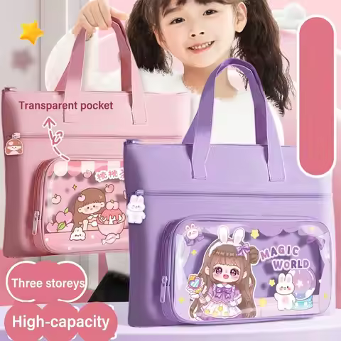 3-Layer Portable Tutorial Bag A4 File Bag Large-capacity Tote School Bag Canvas Art Bag Learning Sup