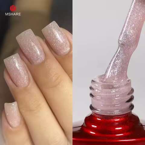MSHARE Shimmer Rubber Base Gel Sparkling Nails Gel Polish Camouflage Self Level Nail Base Coat Pink 