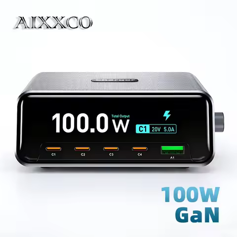 AIXXCO 100W GaN Fast Charger PD3.0 QC3.0 5-Port USB C Desktop Charging Station with Screen Display F