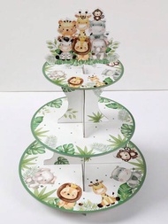1個叢林動物風格蛋糕托盤，叢林薩法里主題生日派對裝飾用品，食品展示架蛋糕架
