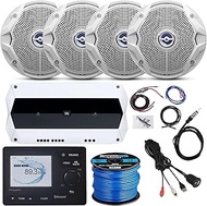 Milennia Marine Bluetooth USB AM/FM Radio Stereo Digital Media Receiver, 4X 6.5 180W Peak Dual Cone Boat Stereo Speaker (White), 4-Channel Amplifier w/ Kit, Speaker Wire, Antenna, USB/AUX Interface