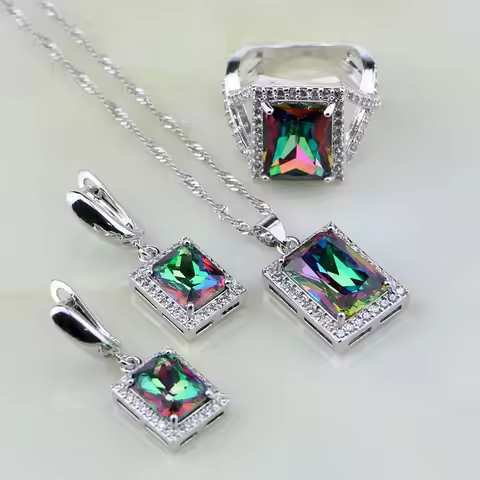 Natural Square Mystic Rainbow Fire White Zircon 925 Silver Jewelry Sets for Women Wedding Necklace/E