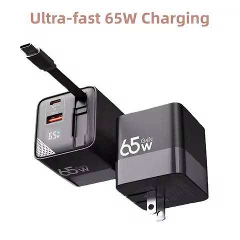 65W GaN Fast Charger Three-Port Charging Head Built-in 80cm Retractable TypeC Cable for iPhone16 15 