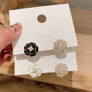 Korean Fashion Rhinestone Pearl AB Asymmetric Camellia Stud Earrings Female Student Jewelry New Year