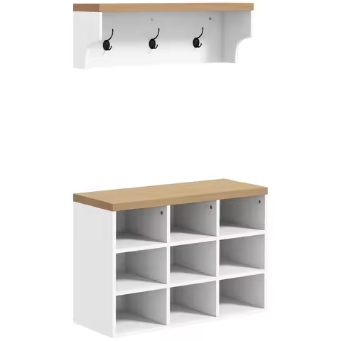 HOMCOM 2-in-1 Coat Rack Shoe Bench Set, 5-Hook Hall Tree with Bench, White