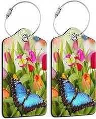 SKYDAWNY 2 Pack Luggage Tag for Suitcases,Blue Butterfly Flowers Tulip PU Leather Baggage Tags Privacy Cover ID Label Card with Stainless Steel Loop Luggages Bag for Women Men Travel