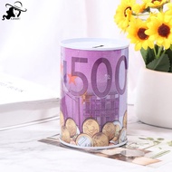 LISHU Tinplate Cylinder Piggy Bank Euro Dollar Picture Box Household Saving Money Box th