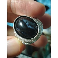 Cincin Fossil Nibong Hitam Tua Bekristal Ikatan Alpaka Super Saiz 19