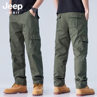 JEEP SPIRIT Mens Pants Oversized Cotton Cargo Pants Loose Straight Pants Thin Multi-Pocket Pants