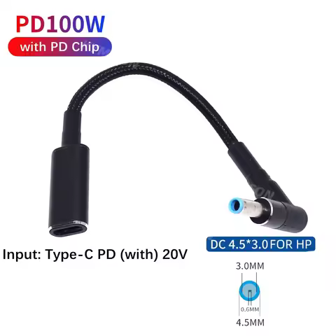 Type C to 4.5x3.0mm Plug Converter 100W USB C PD Fast Charging Cable for HP / Dell Laptop Charger DC