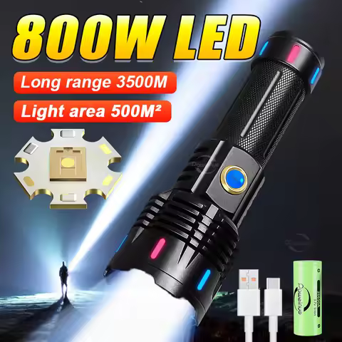 New Ultra Powerful Flashlight 800W LED Rechargeable High Power LED Flashlights 3500M Long Range Torc
