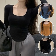 Baju Lengan Panjang Wanita Slim Fit Cotton Crop Top Casual Tuck In Atau Loose Simple Korean Style FW