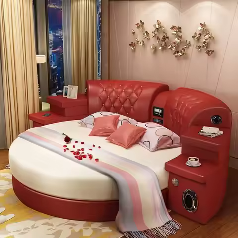 Large round bed master bedroom wedding bed audio multi-function 2 meters round European light luxury