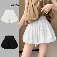 Lovito Casual Shorts Plain Bow Draped Shorts for Women Plus Size Friendly L88AD101 Lovito Seluar Pen